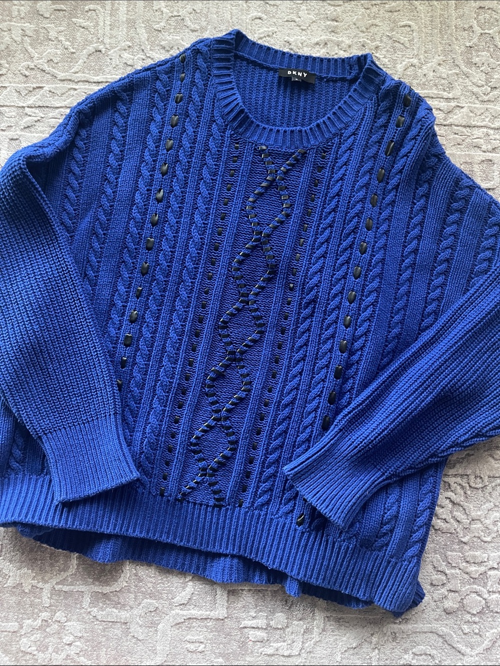DKNY Cobalt Blue Cable Stitch Crewneck Sweater with Leather Details
